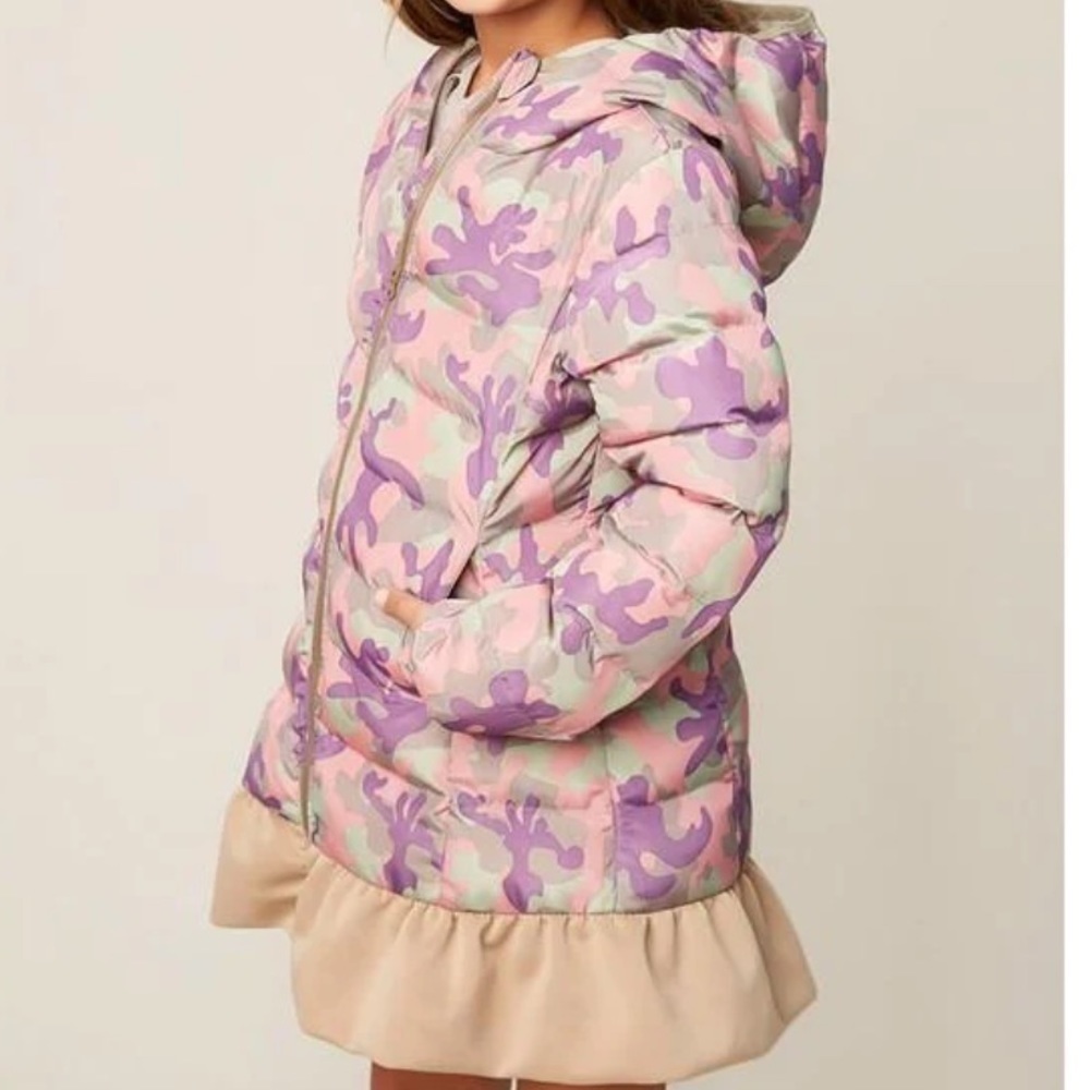 HAYDEN Girls Camo coat with bottom ruffles. Beige, pink, and purple. 13/14. NWOT